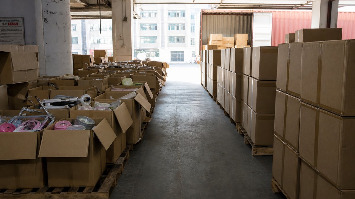 Domestic wholesale goods in a China warehouse beside export cartons ready to ship overseas