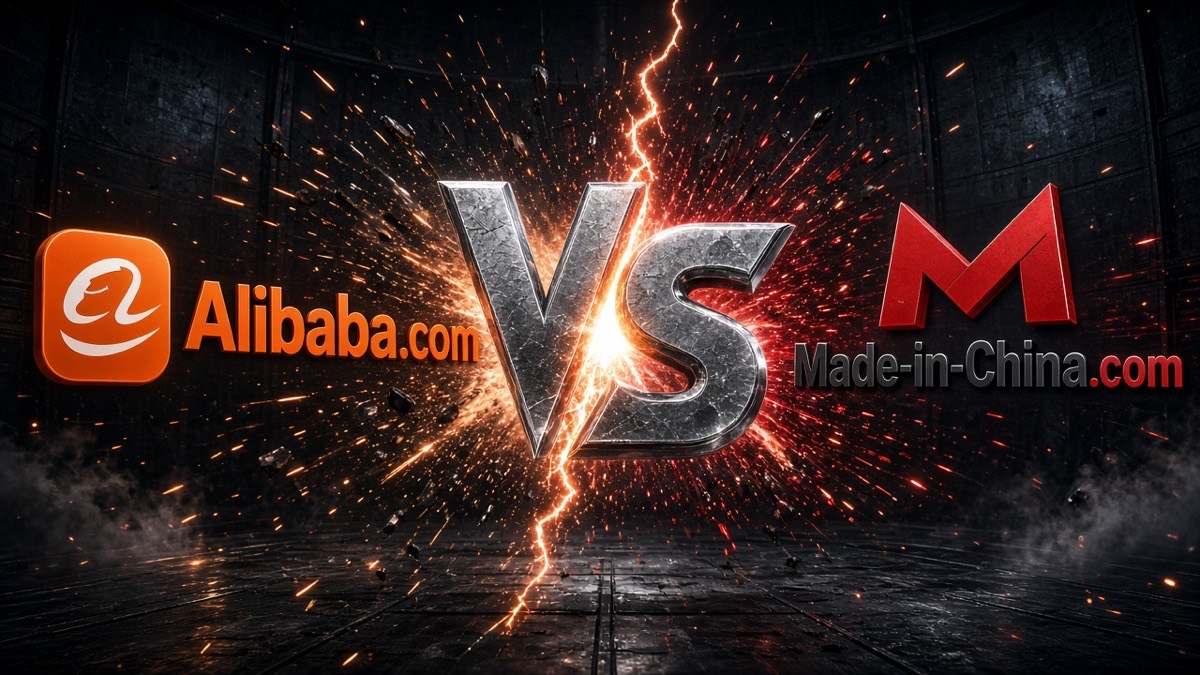Alibaba logo and Made-in-China logo facing off with a VS mark in the center