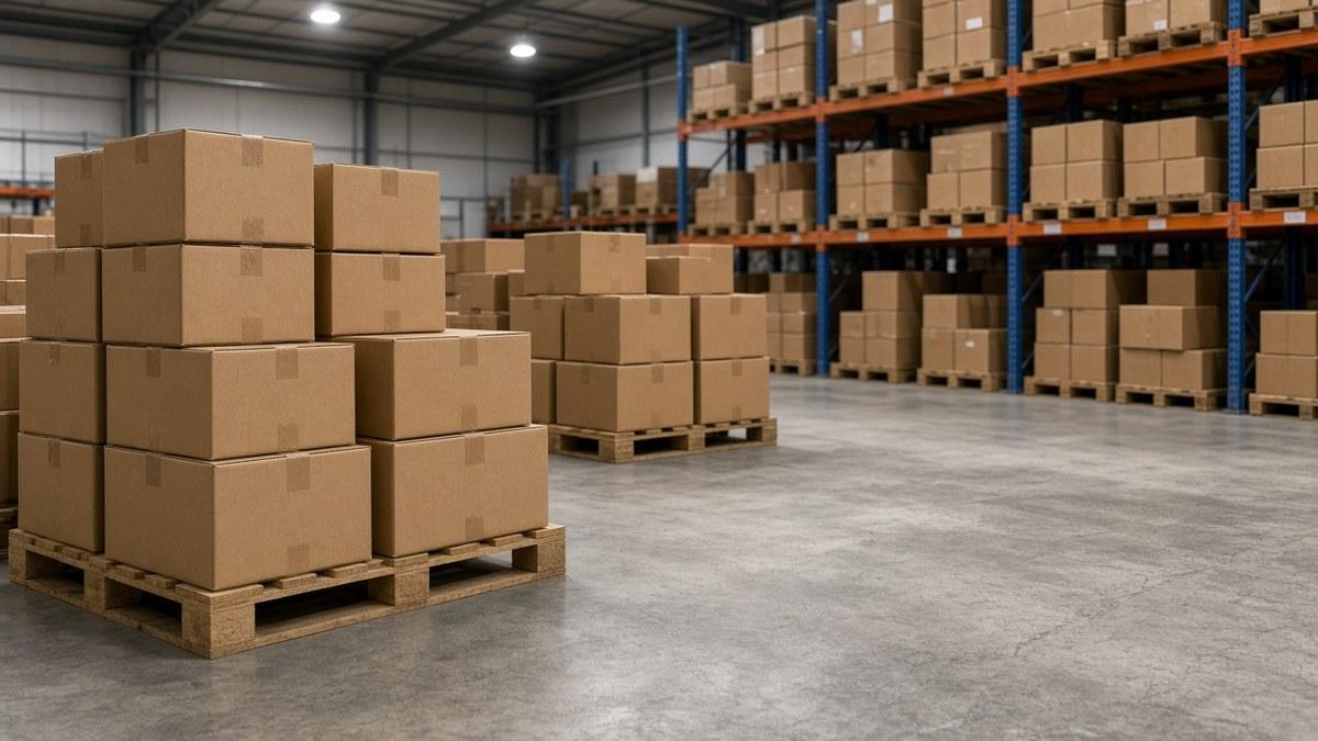 Warehouse stacks of sealed cardboard shipping boxes, no people