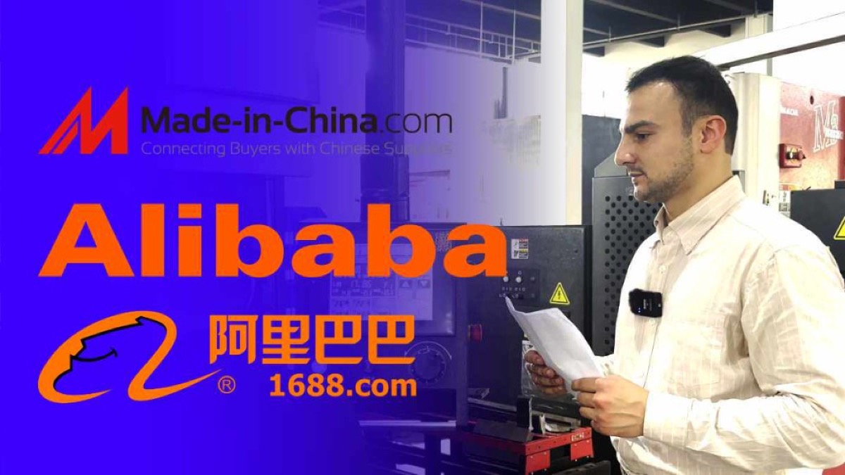 Pyxis inspector reviewing documents in a Chinese factory beside Alibaba, 1688, and Made-in-China logos for a factory versus trading company guide