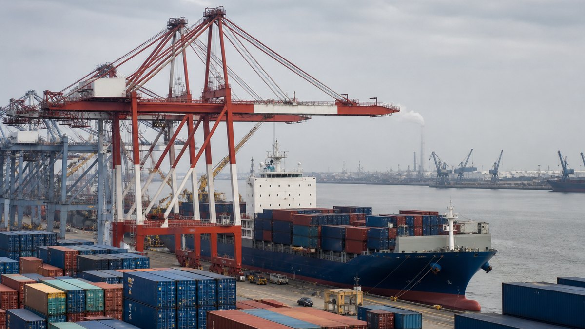 Container ship and stacked containers at a China port ready for export