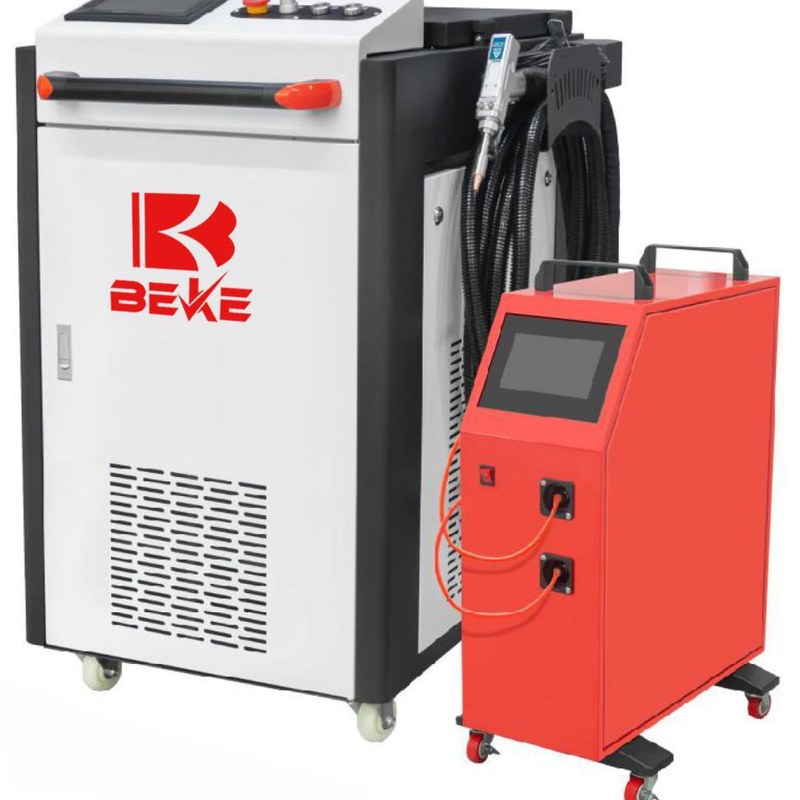 Handheld laser welding cart with separate wire feeder on a factory floor