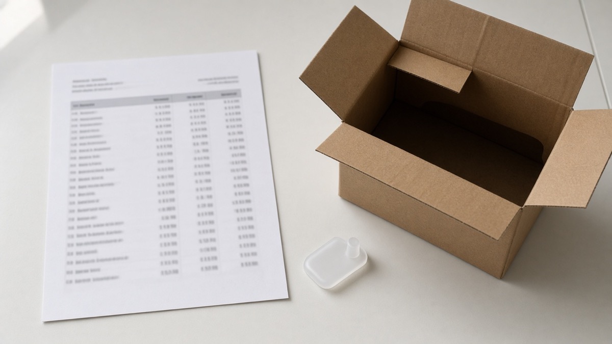 A supplier quotation on a desk beside an open export carton and a product sample