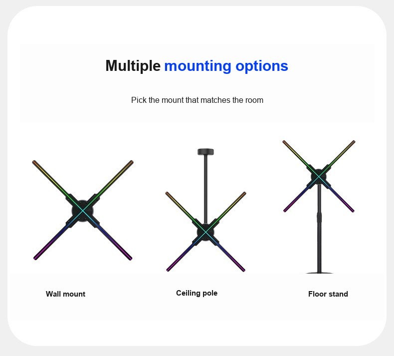 Wall, ceiling-pole, and floor-stand mounts for a 4-blade holographic fan