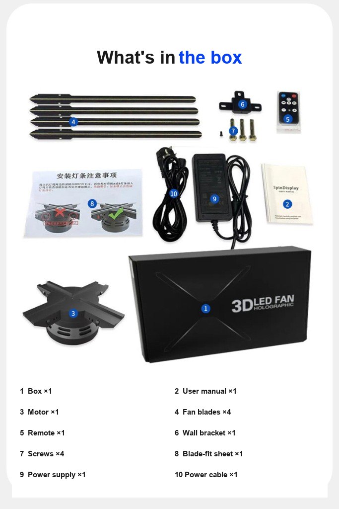 F56 holographic fan kit: box, motor, four LED blades, remote, and power supply