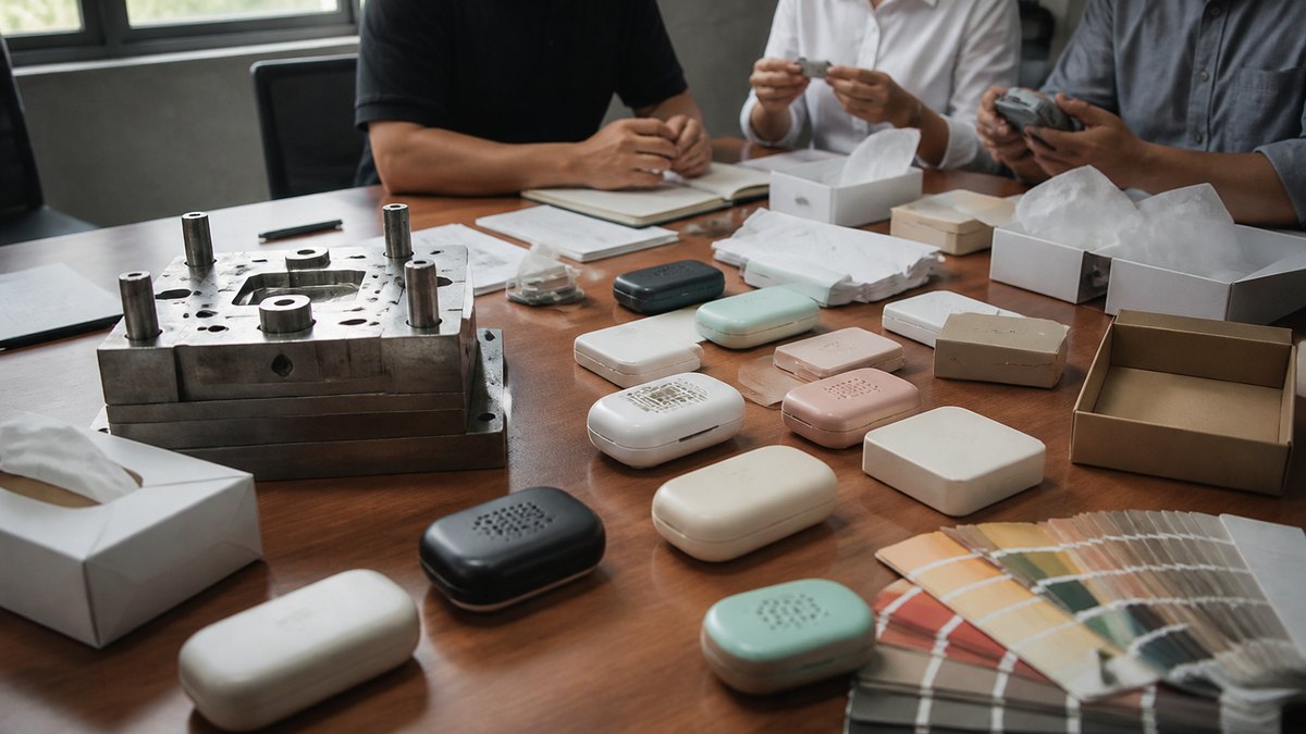 Product samples and molds on a China factory sample-room table