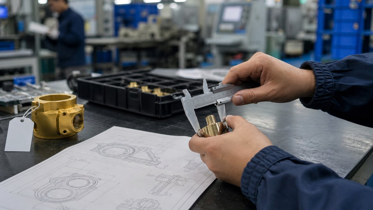 Calipers, a printed drawing, and a golden sample on a factory inspection table