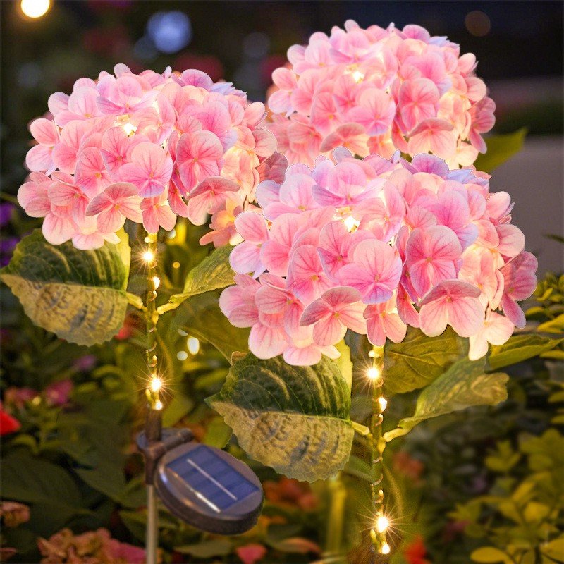 Pink solar hydrangea lights with fairy-light stems