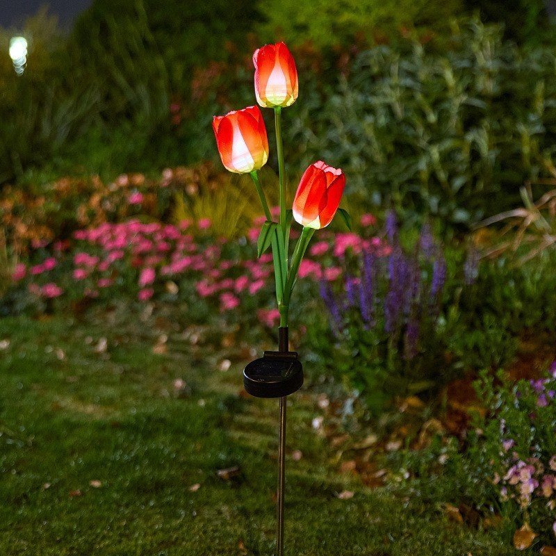 Red three-head solar tulip garden stake